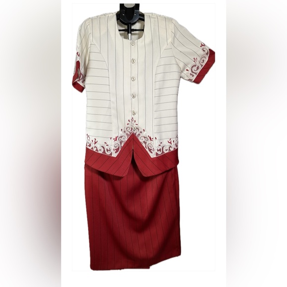 Golden Rose 2 Pc Red Striped Midi Skirt and White Embroidered Short Sleeve Top - Picture 1 of 7